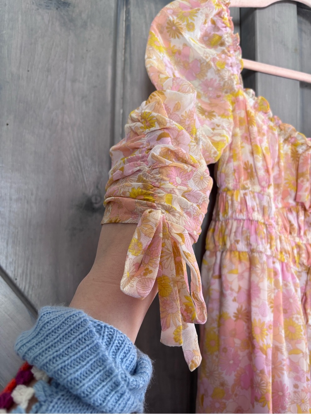 For love and lemons Eden‎ Floral Midi Dress pink yellow ruched bow sleeves XS - Picture 10 of 15